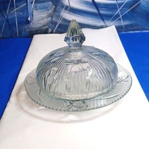 VINTAGE JEANETTE depression glass"IRIS" HERRINGBONE ROUND COVERED BUTTER DISH